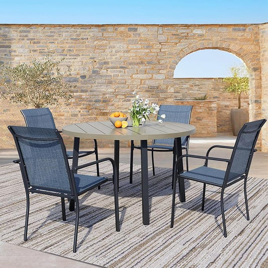 5 Pieces Patio Dining Set for 4, Blue Patio Stackable Chairs and Honey Oak Round Table Set of 4, Outdoor Furniture Set with Sling Support for Outside, Garden