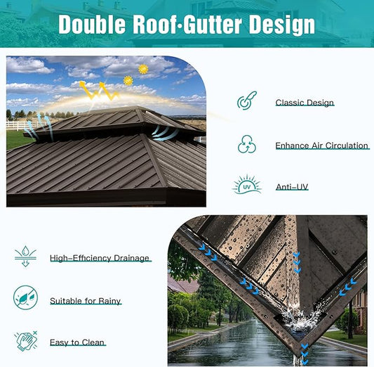 Domi 14'x22' Hardtop Gazebo Canopy,Outdoor Aluminum Gazebo with Galvanized Steel Double Roof,Large Permanent Gazebos Pavilion for Patio Deck Backyard,Curtain and Netting, Dark Brown