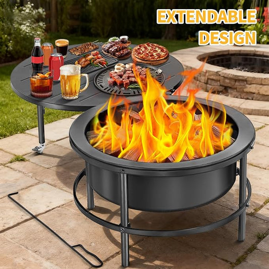 52 Inch Fire Pits for Outside Wood Burning with Rotating Table, Multifunctional Fire Pit with Grill Grate, Poker & Waterproof Cover, Portable Outdoor Bonfire Pit for Camping, Patio, Backyard