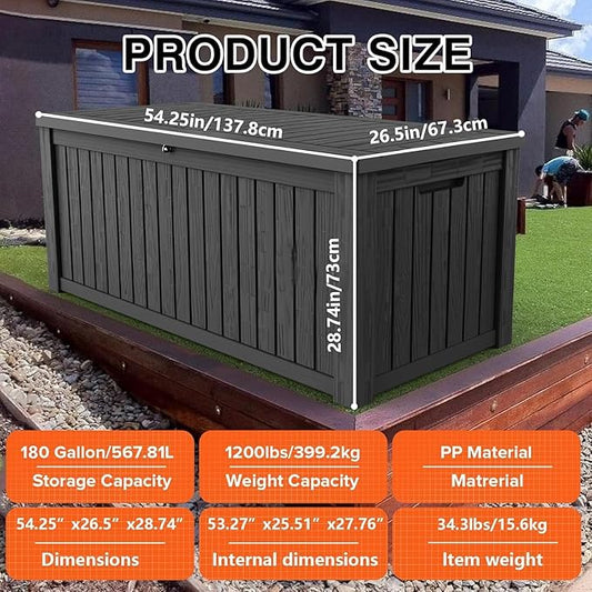 Outdoor Storage Box Waterproof Large, 180 Gallon Lockable Resin Deck Box, Patio Storage Bin for Pool Accessories Cushion Furniture, Garden Tools, UV-Resistant Outside Delivery, Black