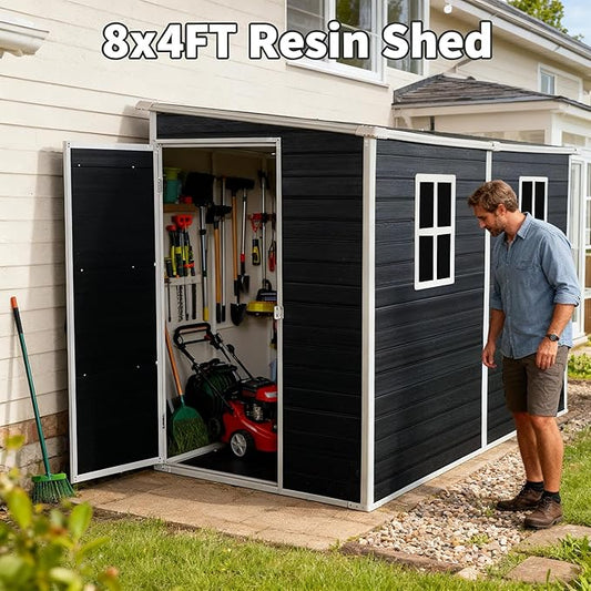 8x4ft Lean to Shed, Resin Outdoor Storage Shed with Floor and 2 Windows, Plastic Sheds & Outdoor Storage Clearance for Patio Furniture, Garden Tools Bike Accessories, Beach Chairs