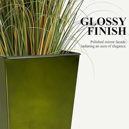 Worth Garden Large Metal Glazed Planter Set of 2 (25" + 28"), Luxurious Glossy Finish Green Tall Square Tapered Steel Plant Pot, Decor Flower Pot Indoor & Outdoor, Drainage Hole & Dual-Purpose Saucer
