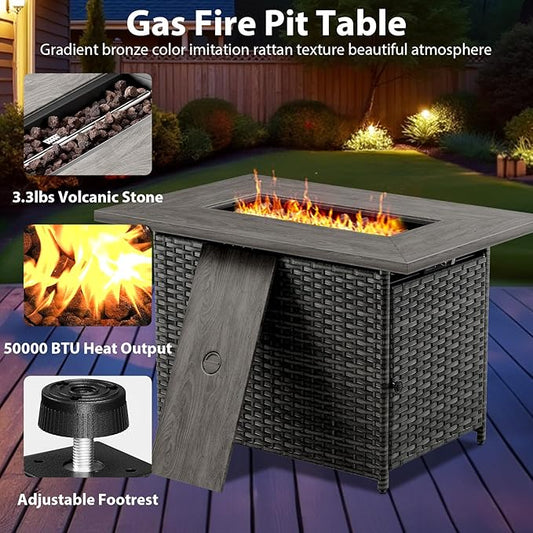 4 Piece Wicker Patio Furniture with Fire Pit Table - Outdoor Conversation Set with 50,000 BTU Fire Pit, All Weather Rattan Patio Set for Deck Backyard Garden - Grey Wicker Beige Cushion