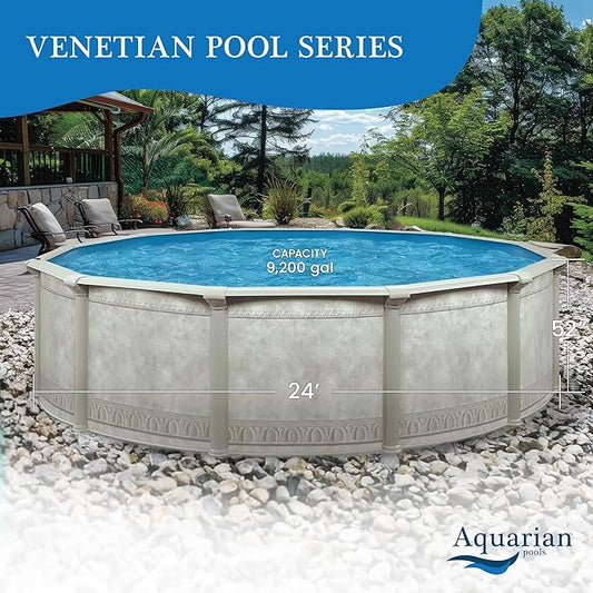 Aquarian Steel-Frame Above-Ground Pool Kit w/Pump & Leaf Skimmer, Venetian, 24'