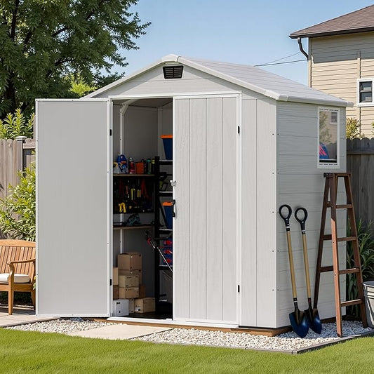Patiowell 6X4 FT Outdoor Storage Shed, Plastic Tool Sheds with Lockable Door and Window, Weather-Resistant Garden Shed with Floor for Backyard, Patio, Easy Assembly, Light Grey
