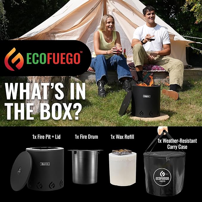 El Campo Portable Wax-Burning Fire Pit – Clean-Burning, No-Wood Fuel with 8-Hour Wax Refill – Compact and Durable for Camping, Travel, and Outdoor Use – Matte Black Finish