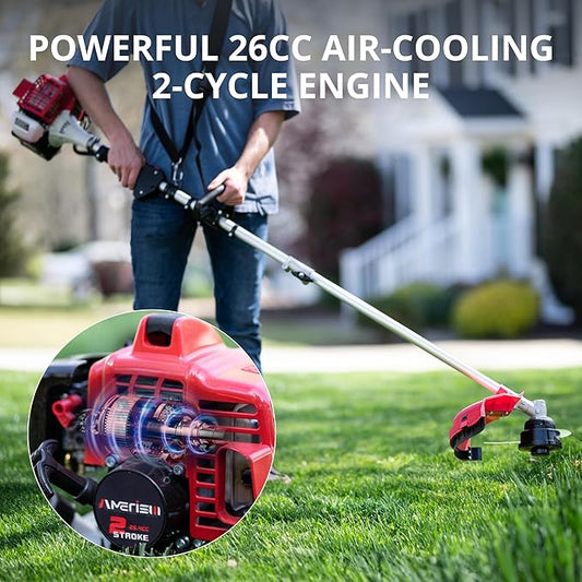 2-in-1 Gas Brush Cutter & String Trimmer, 26cc 2-Cycle Weed Wacker with 16" Cutting Path & 10" Metal Blade, Gas Powered Grass Trimmer for Thick Brush, Overgrown Weeds & Lawn Maintenance