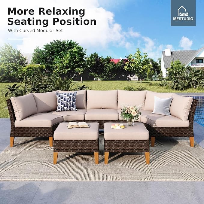 MFSTUDIO 9 Pieces Wicker Patio Furniture Set, All-Weather Rattan Outdoor Conversation Set Half-Moon Curved Patio Sectional Sofa Set for Garden, 4 x Curved Sofa, 1 x Armless Sofa, 4 x Ottomans