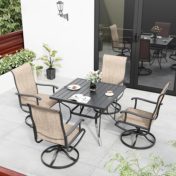 5-Piece Outdoor Dining Set, Patio Furniture Set with Textilene Swivel Chairs, Outdoor Table & 4 Chairs for Garden, Backyard, Poolside, Deck, Beige