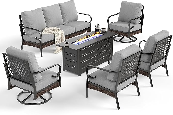 6 Piece Black Metal Outdoor Patio Furniture Set with Firepit Table, Patio Conversation Sets 1 3-Seater Sofa, 2 Leg Sofa & 2 Swivel Sofa with 5.75" Cushion for Backyard Deck, Light Gray