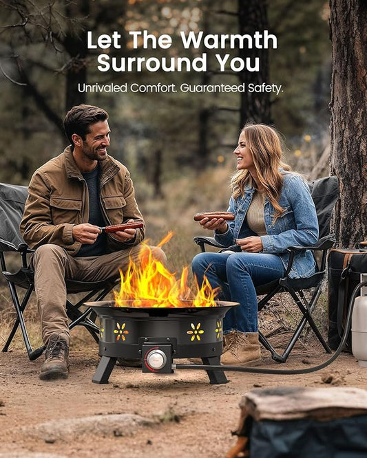 AMADA HOMEFURNISHING 24″ Propane Fire Pit with Grill Grate, 58,000 BTU, Folding Legs, Propane Tank Holder, Cover, and Carry Strap, No Ignition Needed, Easy Flame Adjustment, Portable