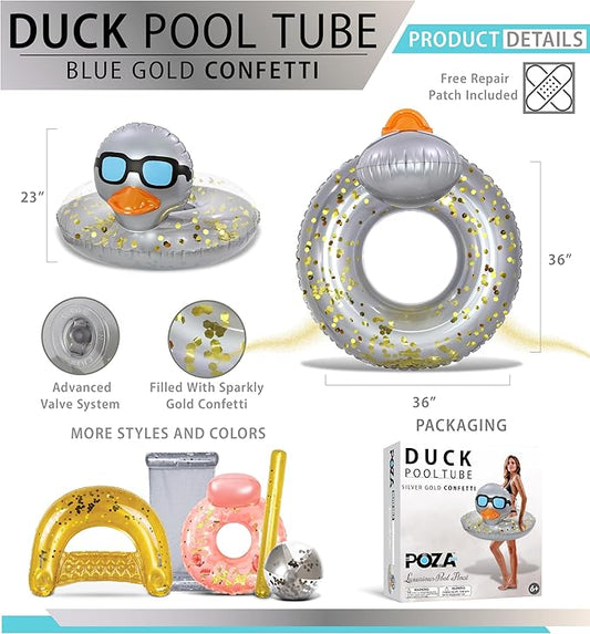POZA Inflatable Duck Pool Float Tube- Heavy Duty Vinyl UV Resistant Confetti Pool Duck Floatie, Animal Pool Float Swim Ring Pool Inflatables for Kids and Adults for Beach, Party, Vacation