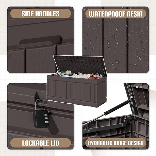 JUMMICO 78 Gallon Outdoor Deck Box Large Resin Storage Box for Patio Furniture Cushions and Garden Tools (Brown)