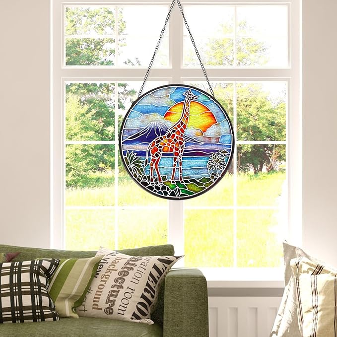 Wkyqes Giraffe Handmade Stained Glass Window Hanging Suncatcher with Chain - 7.9" Outdoor/Indoor Art Decor for Home Garden, Wedding, Mother's, Valentine's & Christmas Ornaments Present Gifts