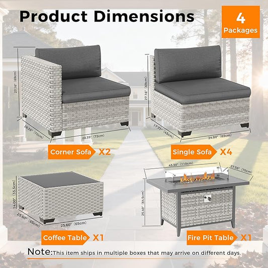 6-Seat Modern Outdoor Wicker Rattan Patio Furniture Set with 55,000 BTU Fire Pit Table, Thick 4″ Cushions, All-Weather Dual-Strand Rattan, Rust-Resistant Steel Frame,Black