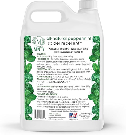 Minty Spider Repellent, Natural 5% Peppermint Oil Spray, Kills & Deters All Types of Spiders and Insects, Indoor and Outdoor Use, 128 fl oz Gallon