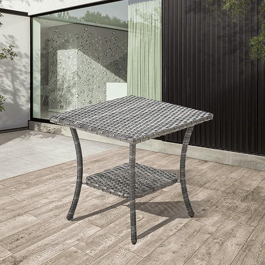 Rilyson Patio Tables Outdoor Coffee Table - Wicker Rattan Side Tables with 2-Tier Storage Shelf End Table for Porch Deck Balcony Garden Outside Square Mixed Grey