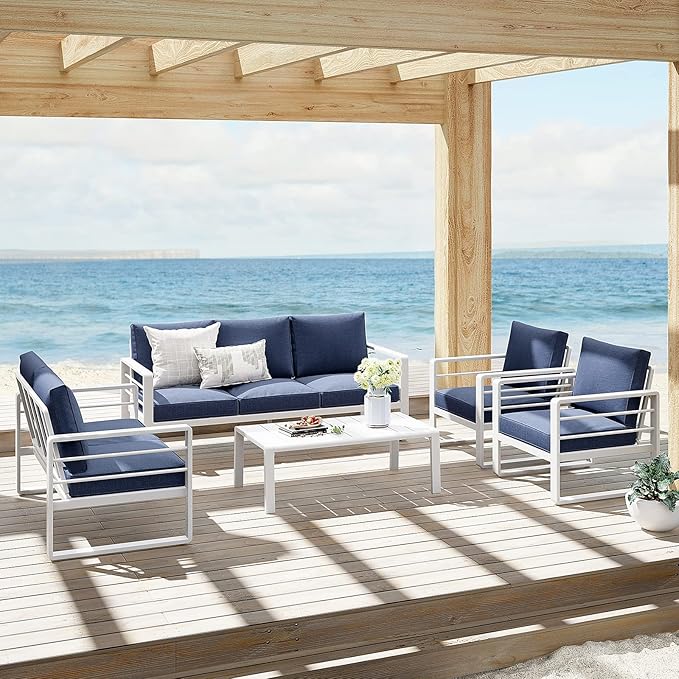 Patiorama Aluminum Patio Furniture Set, Outdoor Patio 3-Seater Sofa, 3 Seats Couch, All Weather White Metal Chair with Olefin Cushion, Deep Seating, 800 lbs Capacity, Deck, Garden-Blue Cushion