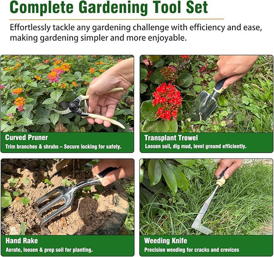 Garden Tool Set, 9-Piece Heavy-Duty Gardening Tool Set with Stylish Tool Bag, Multiple Storage Pockets, Durable Garden and Weeding Tools for Men and Women for Gardening Enthusiasts