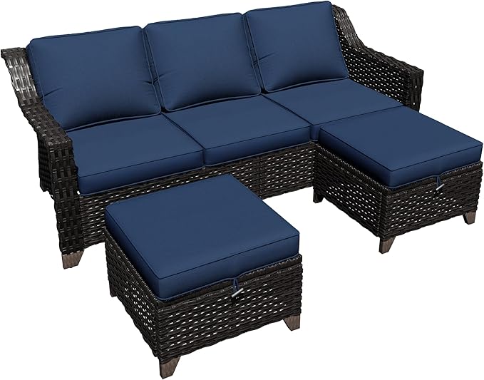 3 Pieces Outdoor Conversation Furniture Set - 77" Patio Sofa, 2 Rattan Wicker Ottomans, Patio Wicker Couch Set with Water-Resistant for Sunroom, Deck, Porch (Navy Blue)