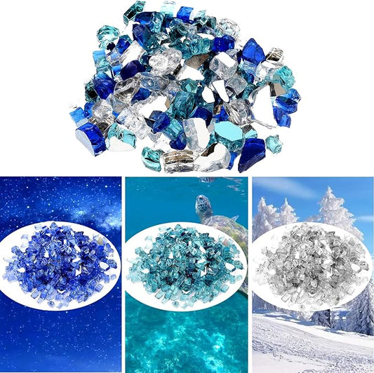 Onlyfire 10 Pounds Blended Reflective Fire Glass for Fire Pit Fireplace and Landscaping, 1/4 Inch Mixed Colored High Luster Fireglass Rocks for Outdoor & Indoor Use - Aqua Blue+Platinum+Cobalt Blue