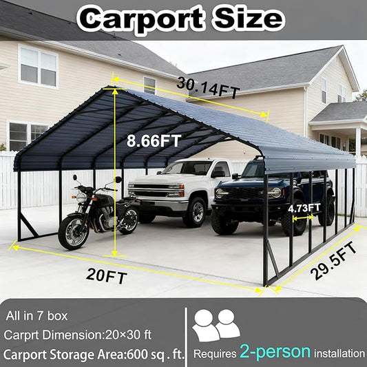 20x30 FT Heavy Duty Metal Carport Galvanized Steel Carport Shelter for 2 Car Extra Large Canopy for Dual Vehicle, RV Boat Storage All Weather Protection Garage Party Tent