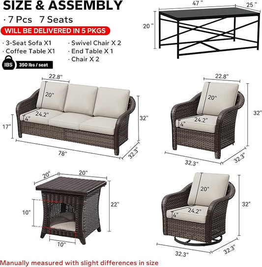 7 Pieces Patio Conversation Set, 78" Wicker 3-Seat Couch with Washable Cushions, 2 Glider Swivel Rocker Chairs, 2 Armchairs, Coffee Table, Rattan Cat Bed End Table, Sofa for Lawn (Beige)