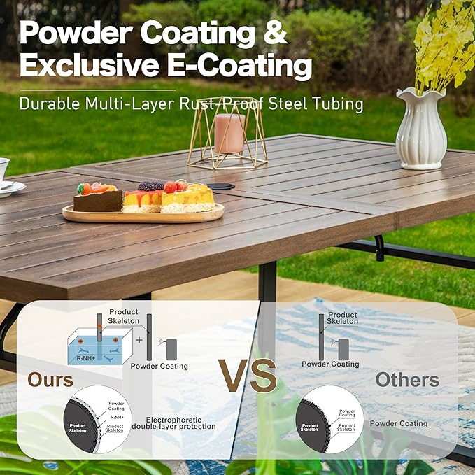 64" Patio Dining Table for 6,Teak Color Rectangle Patio Table with Umbrella Hole,E-Coating and Powder Coating Steel Frame Metal Outdoor Patio Table for Garden Backyard Lawn Yard