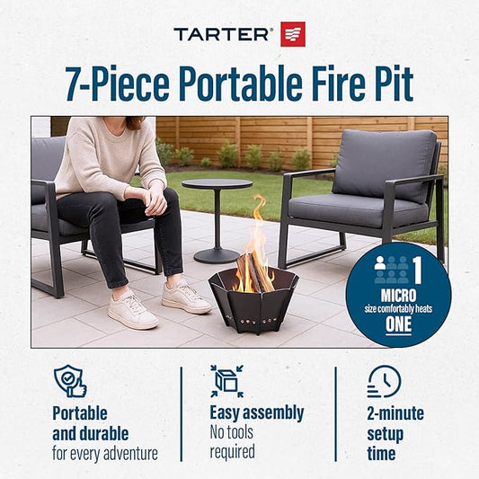 Tarter Micro Outdoor Fire Pit - 7-Piece Hexagonal Wood Burning Fireplace for Camping & Bonfires - Portable & Easy Assembly Design - Heavy Duty & Durable Sheet Steel, Powder Coated Finish