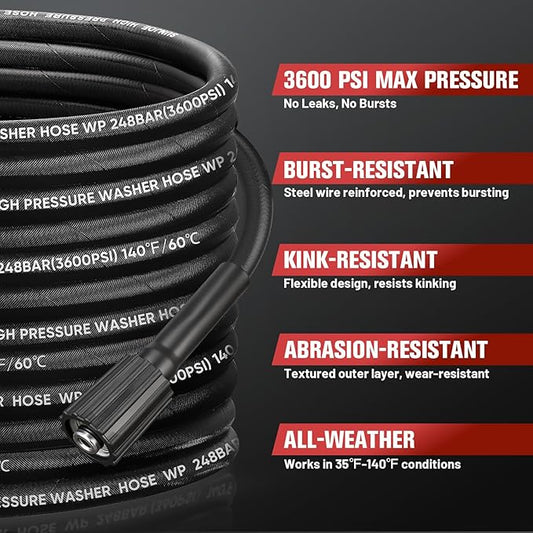 33FT Steel Wire Braided Washer Hose – Kink-Resistant, 248Bar / 3600 PSI, Burst-Resistant Replacement Hose with M22 Fittings – Compatible with Ryobi, Greenworks, Troy-Bilt, Most Power Washers.