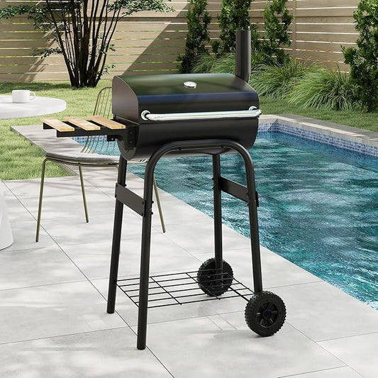 Giantex Portable Charcoal Grill with Foldable Side Table, Outdoor BBQ Smoker Grill with Wheels, Thermometer, Adjustable Air Vent, Bottom Shelf, Barrel Barbecue Grills for Patio, Camping & Tailgate