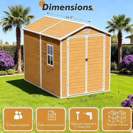8X6 FT Resin Outdoor Storage Shed with Floor,Water Drainge Roof Plastic Sheds with Windows and Lockable Doors,Thickened Panel All-Weather Resistant Tool Storage Shed for Garden Backyard Patio, Brown
