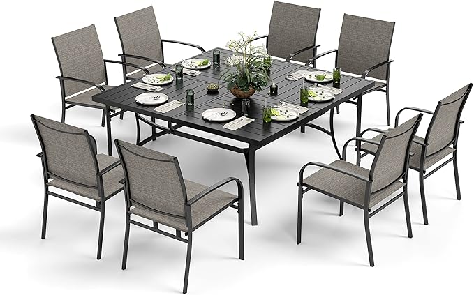 9 Pieces Patio Table and Chairs Set, Patio Dining Set for 8, 8 Brown Textilene Chairs and 1 Large Square Patio Dining Table with Umbrella Hole, for Deck Backyard Lawn Poolside