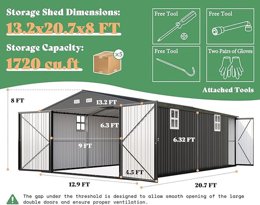 AMERLIFE 13x21x8 FT Heavy Duty Metal Garage Shed, Extra Large Outdoor Storage Shed with Double Hinged Doors, 4 Windows, Carport for Car, Truck, Bike and Garden Equipment, Dark Gray