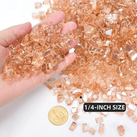 GasSaf 1/4 Inch Fire Glass Reflective Tempered Fireglass Cut Crushed FireGlass for Fire Pit, Fireplace, Replaces Existing Gas Logs & Lava Rocks (20 Pound)(Champagne Reflective)