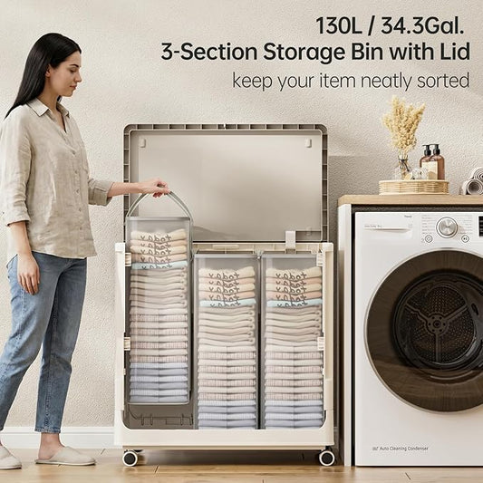 HAIXIN HOME 130L Stackable Storage Bin with 3 Storage Bags for Sorting and Organization, Foldable Storage Box with Wheels, Large Blanket Storage Container for Comforters, Bedding, Seasonal Clothing