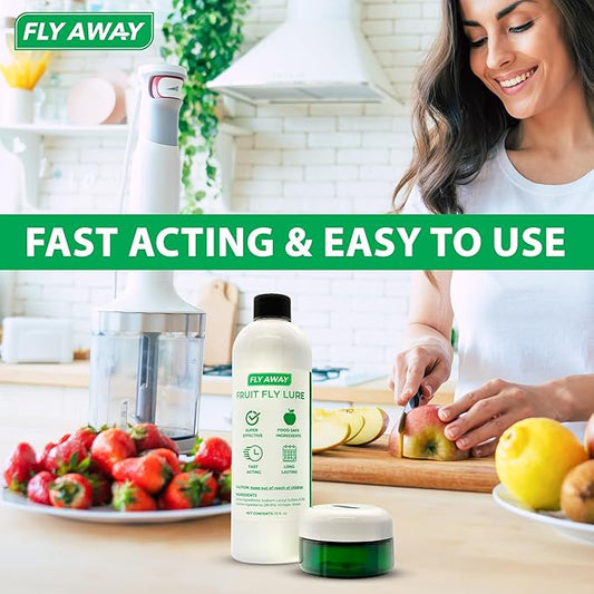Fly Away - Fruit Fly Trap Kit: 3X Reusable Fruit Fly Traps for Indoors + 12 oz. Liquid Bait. Fast Acting. Attractive Design, Perfect for Homes, Bars and Restaurants. 270+ Day Supply. Made in USA
