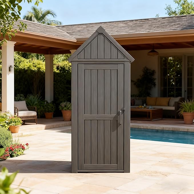 Outdoor Storage Shed with Removable Shelves, Waterproof Resin Outdoor Storage Cabinet for Small Patio, Balcony, Backyard, Vertical Storage Shed with 12 Hooks for Garden Tools, Grilling Supplies, Gray