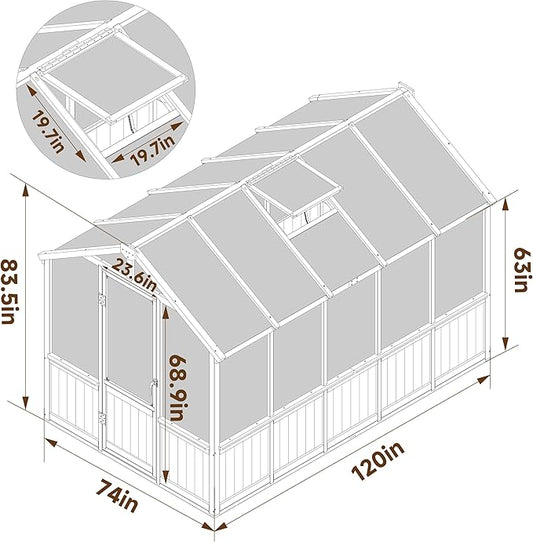 6x10 FT Green House for Outdoor, 6MM Thick Polycarbonate Panel Wooden Walk-in Greenhouse Kit with Lockable Door and Adjustable Roof Vent, Backyard Garden, Light Mocha Brown