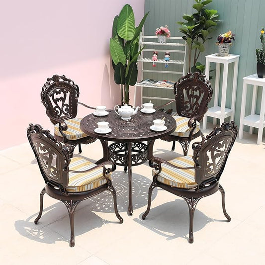 FAPOLITE Outdoor Table Cast Aluminum Round Patio Table with Umbrella Hole All Weather Outdoor Dining Tables for Lawn Garden Backyard (90cm Round Tables with Slanted Lattice)