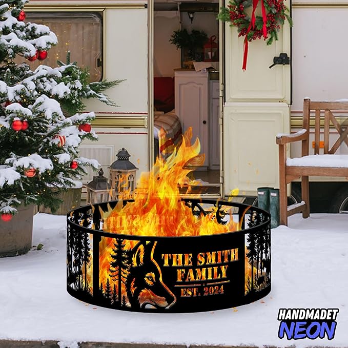 Personalized Fire Pit Ring 360 Degree, Outdoor Fireplace, Custom Text Fire Pits for Outside, Patio Firepit, Camping Bonfire Firepits, Garden BBQ Backyard Decor (Wolf)