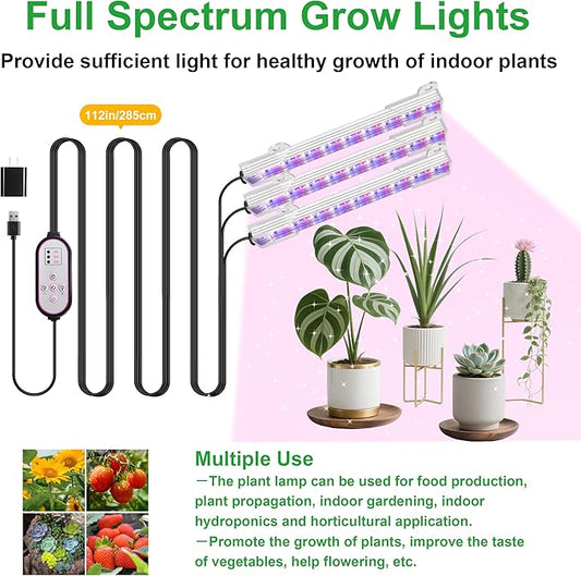 7.8'' 3 Head LED Grow Light Strips, Grow Lamps for Indoor Plants Full Spectrum, Plant Light with 4/8/12H Timer, 10 Dimmable Levels for Seedling Succulent,Best Match for Plant Shelf