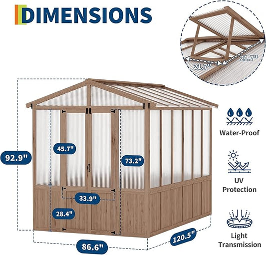 8x10FT Wooden Greenhouse with Cedar Frame, Outdoor Wood Greenhouses with Roof Vent, Wood and Polycarbonate Walk-in Greenhouse