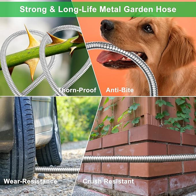 Metal Garden Hose 50ft, Stainless Steel Water Hose Leak-Proof w/10 Function Sprayer Nozzle, 5/8" Flexible Garden Hoses, Long-Lasting, Lightweight, No-Kink Water Hose, for Yard and Lawn