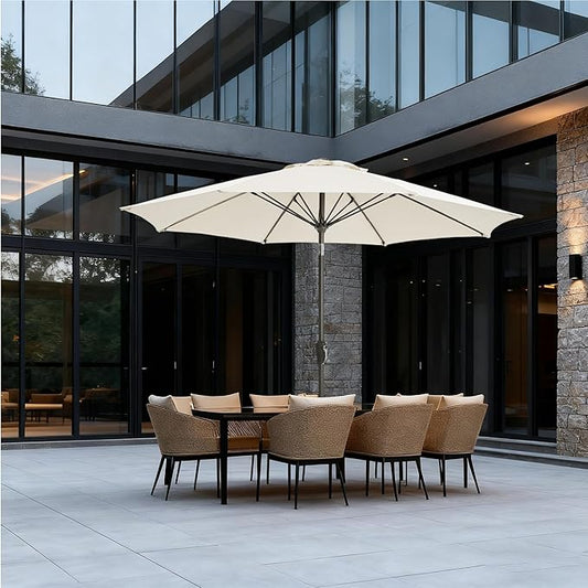 9FT Large Outdoor Patio Umbrella Market Table Umbrella-UV Resistant, Easy Push Button Tilt and Crank, 8 Sturdy Ribs Heavy-Duty Pool Umbrella for Deck, Backyard,Garden,White