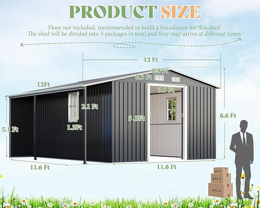 Jocisland 12x12x6.6 FT Galvanized Metal Storage Shed with Open Firewood Bay, Sliding Doors & Ramp, 2 Windows & Vents, Weather-Resistant Outdoor Tool/Garden Shed, Dark Grey/White