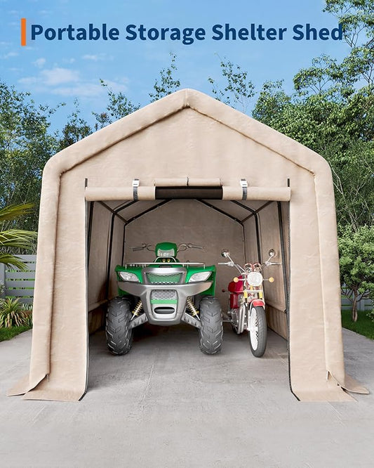 7X15 FT Heavy-Duty Portable Outdoor Storage Shed with Roll-Up Zipper Door & Vent, 240g Waterproof Carport Storage Shelter, UV-Resistant Canopy for Motorcycle, Firewood, Tools -Gray 