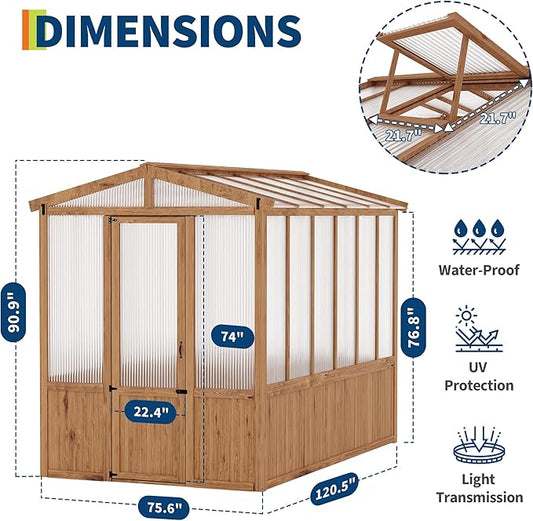 6x10FT Wooden Greenhouse with Cedar Frame, Outdoor Wood Greenhouses with Roof Vent, Wood and Polycarbonate Walk-in Greenhouse
