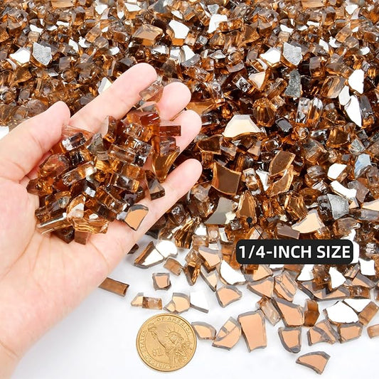 GasSaf 1/4 Inch Fire Glass Reflective Tempered Fireglass Cut Crushed FireGlass for Fire Pit, Fireplace, Replaces Existing Gas Logs & Lava Rocks (10 Pound)(Amber Reflective)