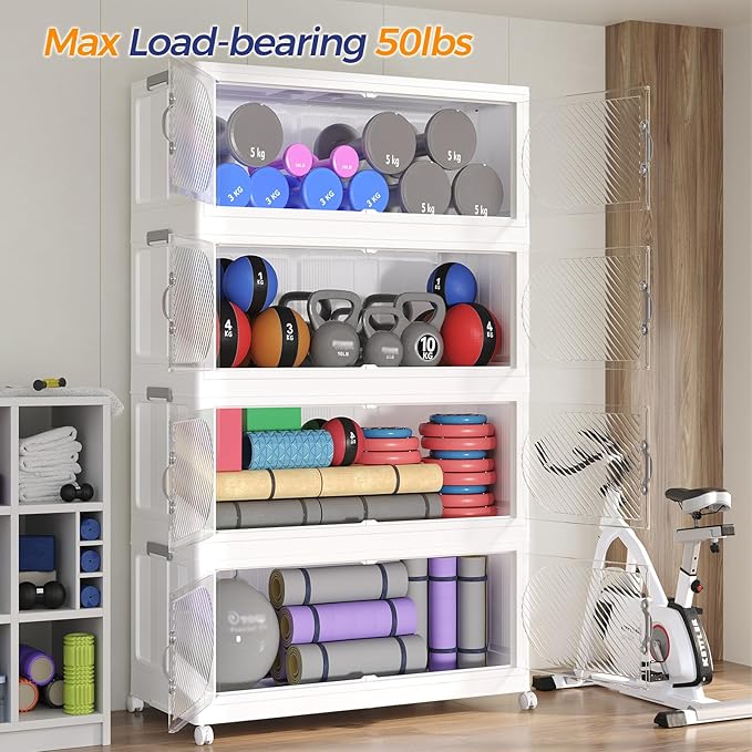 480QT Plastic Stackable Storage Bins with Lid, 120GAL Extra Large Collapsible Box with Wheels Clear Door, Foldable Closet Organizer Container Cabinet Drawer for Home Kitchen,4Pack, White